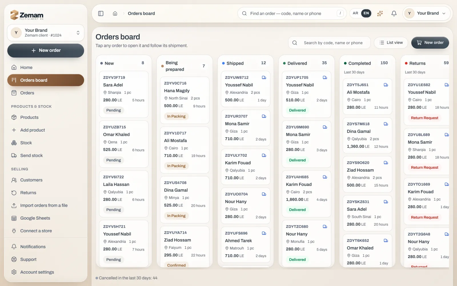 Zemam orders board: every order in a column by status