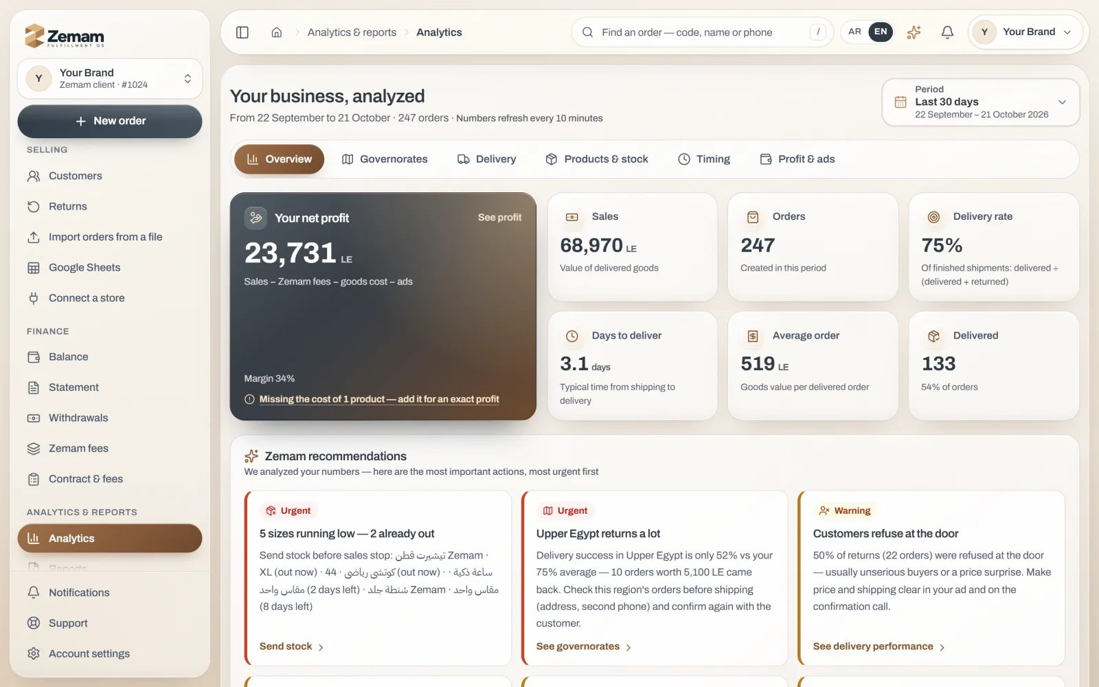 Zemam analytics: net profit, sales and recommendations
